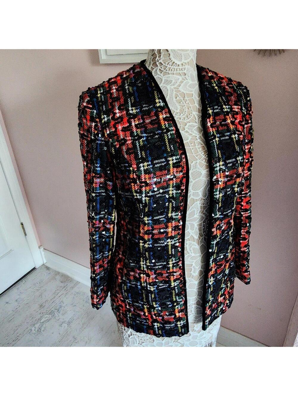 Lee Jordan New York Sequin Tweed Blazer Jacket Multicolor Open Front S